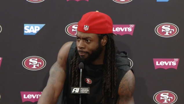 Richard Sherman answers a question about Baker Mayfield not not shaking his hand at a Thursday press conference.